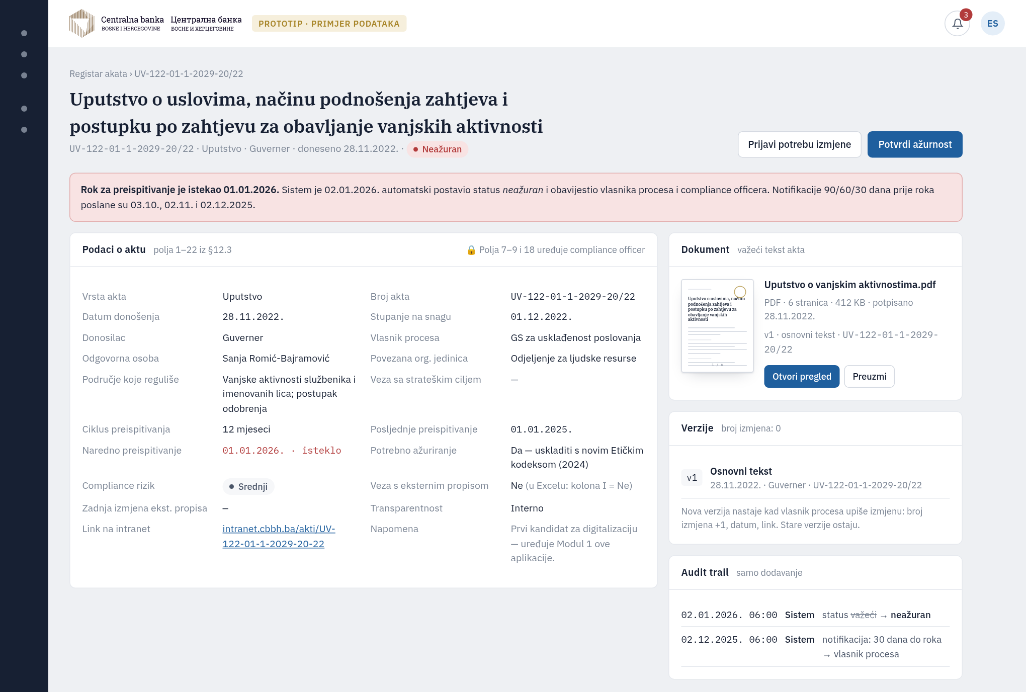 Detalj akta: podaci, verzije i audit trail