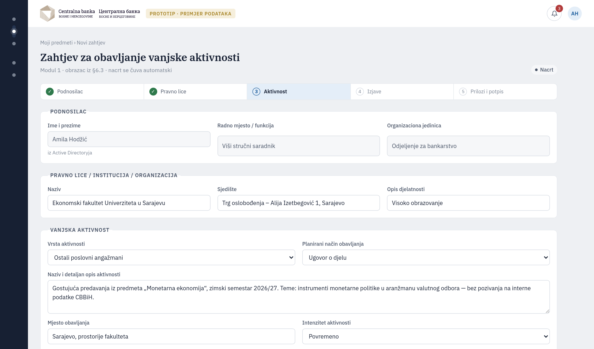 Obrazac zahtjeva za vanjsku aktivnost iz ugla službenika